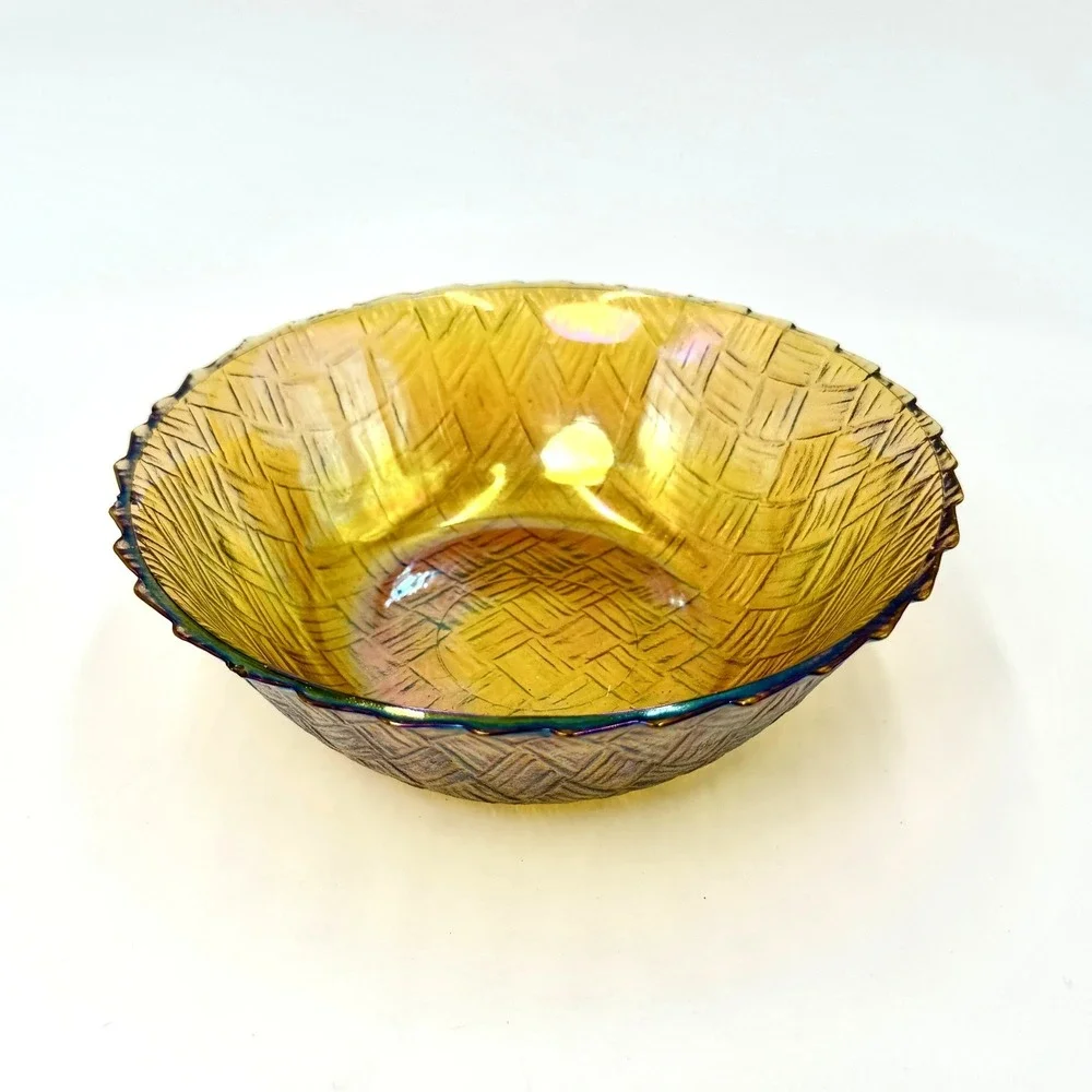 Indiana Iridescent Glass Amber Marigold Carnival‎ Glass Basketweave Bowl 8.5in